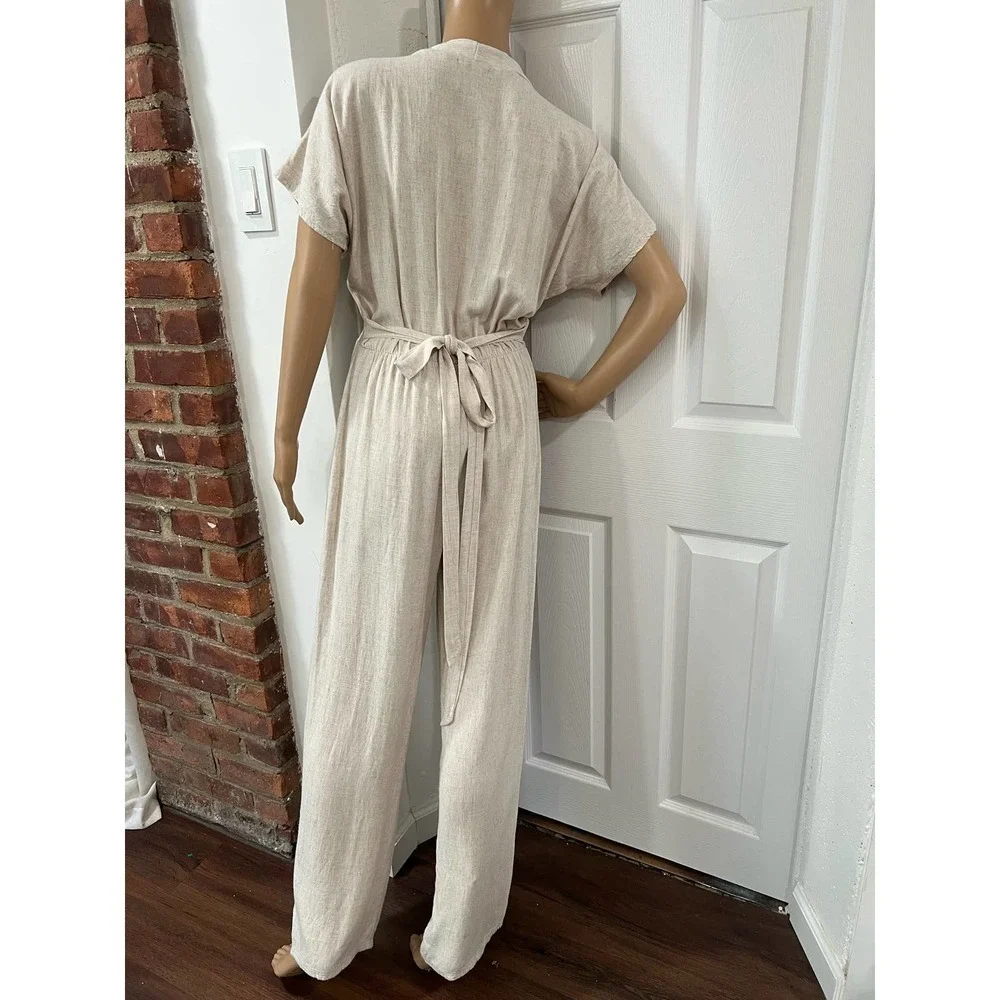 NASTY GAL Clean Girl Quiet Luxury Linen Button Up Wide Leg Jumpsuit Cream 4 - Picture 5 of 8